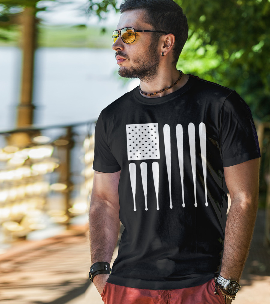 American Flag USA Baseball Bat Dad T-Shirt