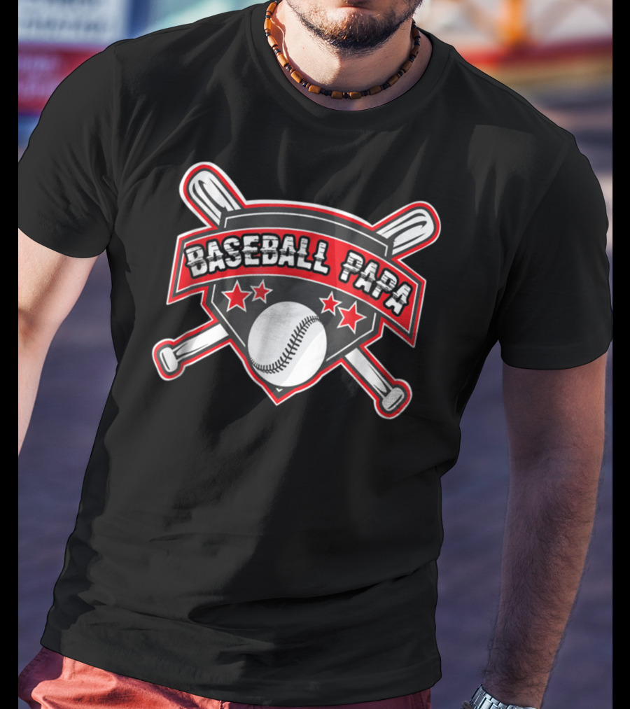 Baseball Papa Shield With Crossed Bats And Stars T-Shirt