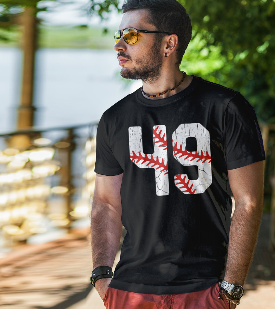 Baseball Player Jersey Number 49 Red Stitching T-Shirt