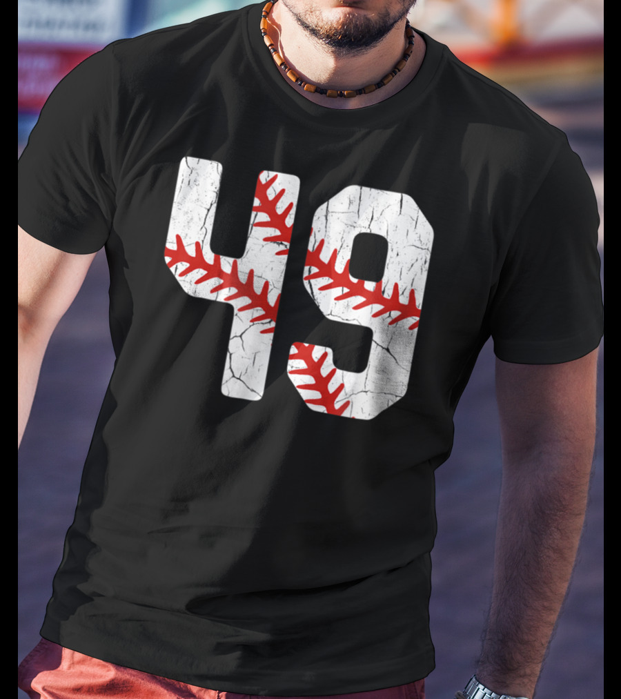 Baseball Player Jersey Number 49 Red Stitching T-Shirt