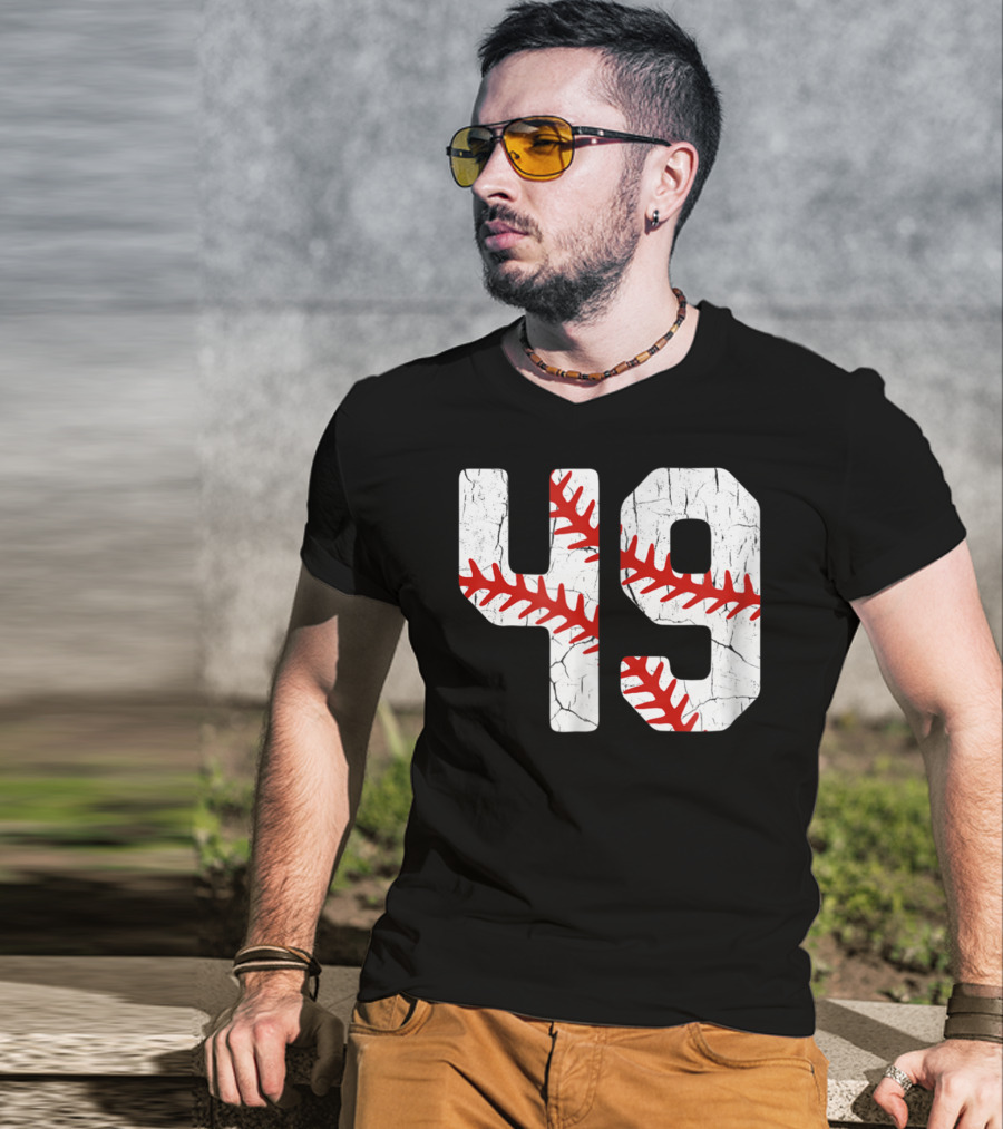 Baseball Player Jersey Number 49 Red Stitching T-Shirt