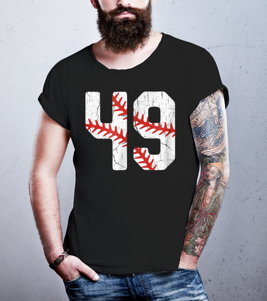 Baseball Player Jersey Number 49 Red Stitching T-Shirt
