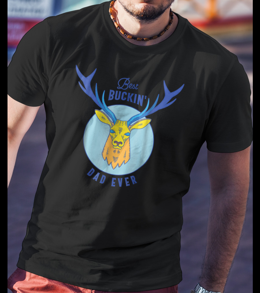 Best Buckin' Dad Ever Deer Hunting Stag Head Blue And Yellow Circle T-Shirt