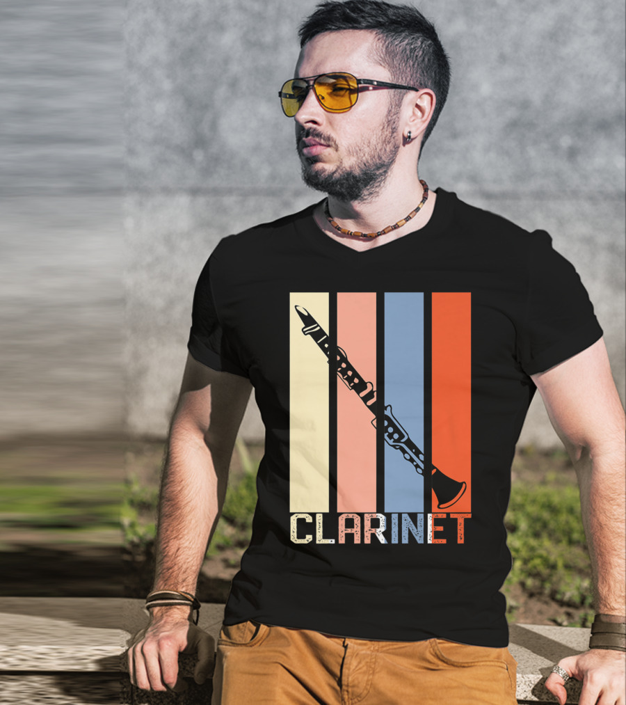 Clarinet Marching Band Dad High School Retro Instrument Stripes T-Shirt
