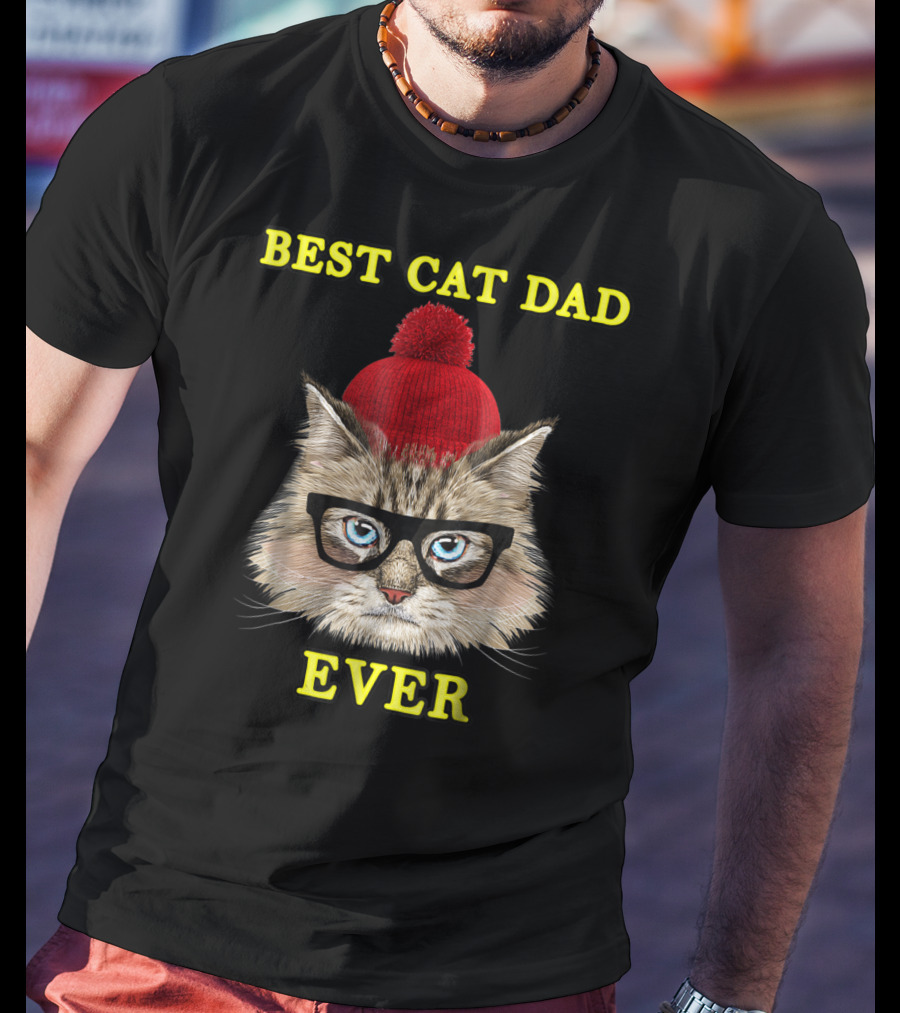 Best Cat Dad Ever Funny Pictoplast91 Red Beanie Glasses Cat T-Shirt