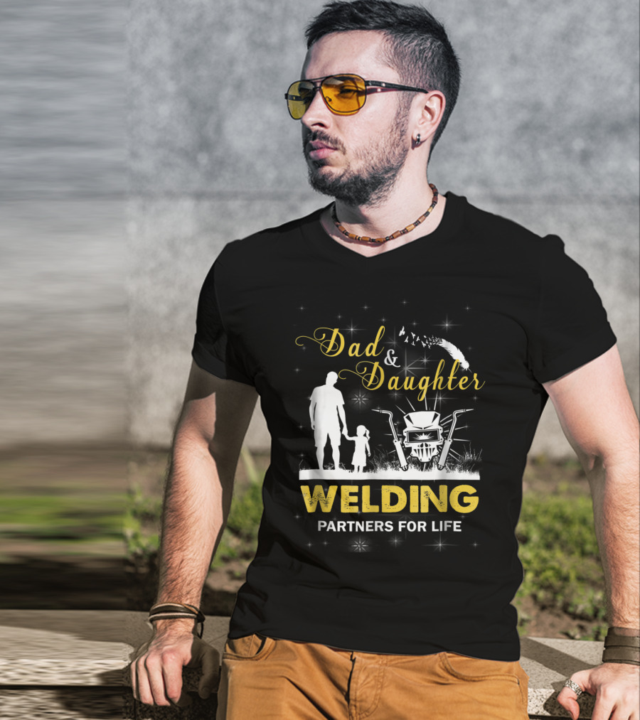 Dad And Daughter Welding Partners For Life Silhouette With Feathers And Sparks T-Shirt