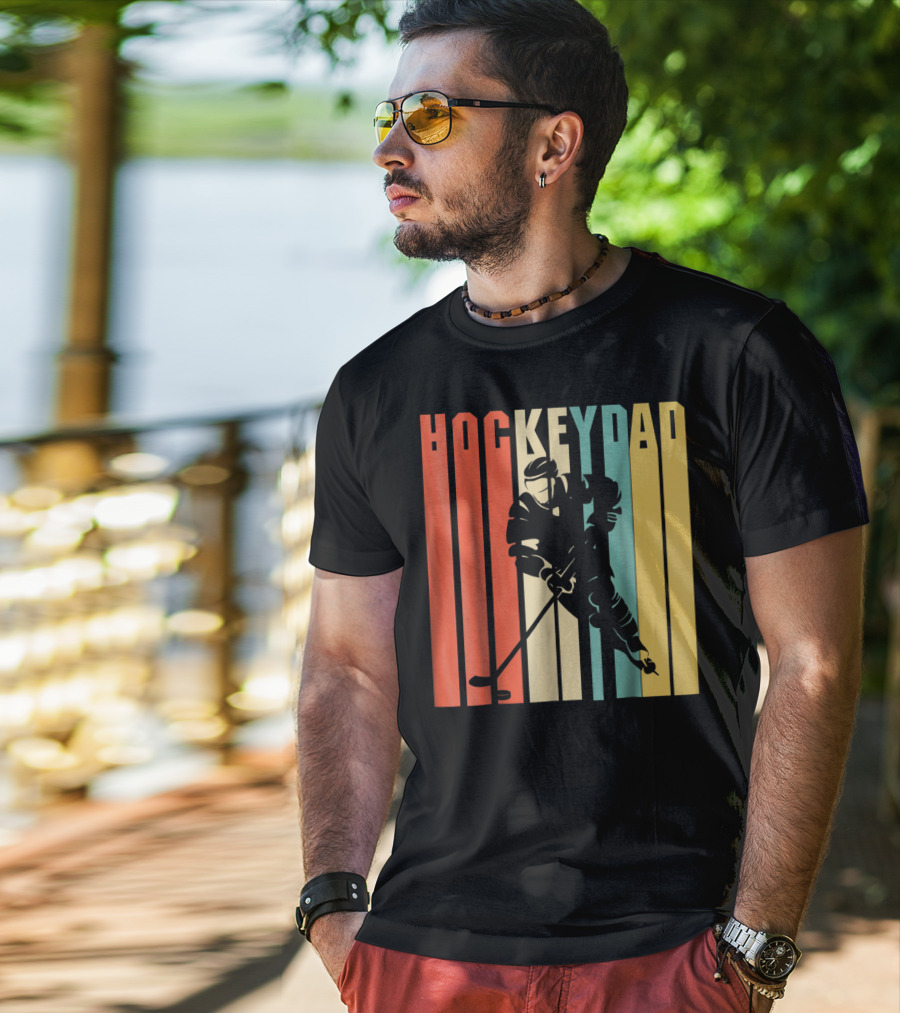Classic Vintage Hockey Dad Player Silhouette Retro Stripes T-Shirt