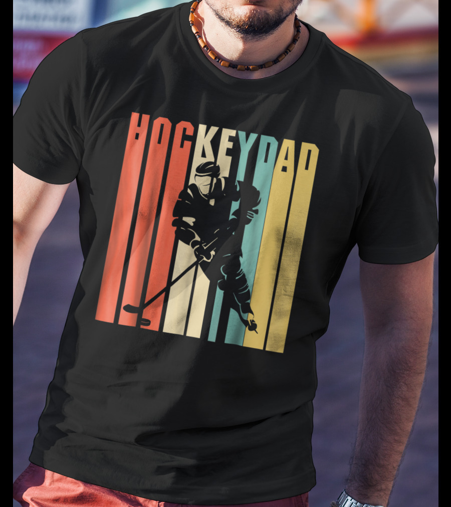 Classic Vintage Hockey Dad Player Silhouette Retro Stripes T-Shirt