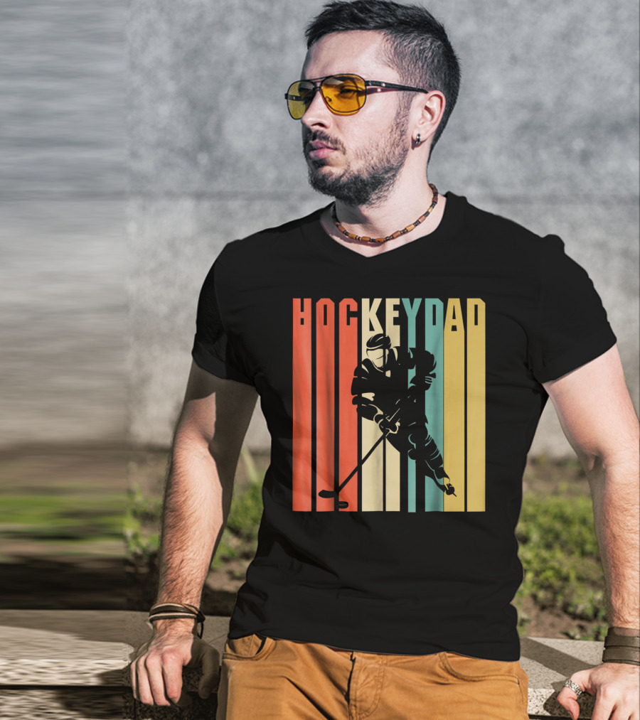 Classic Vintage Hockey Dad Player Silhouette Retro Stripes T-Shirt