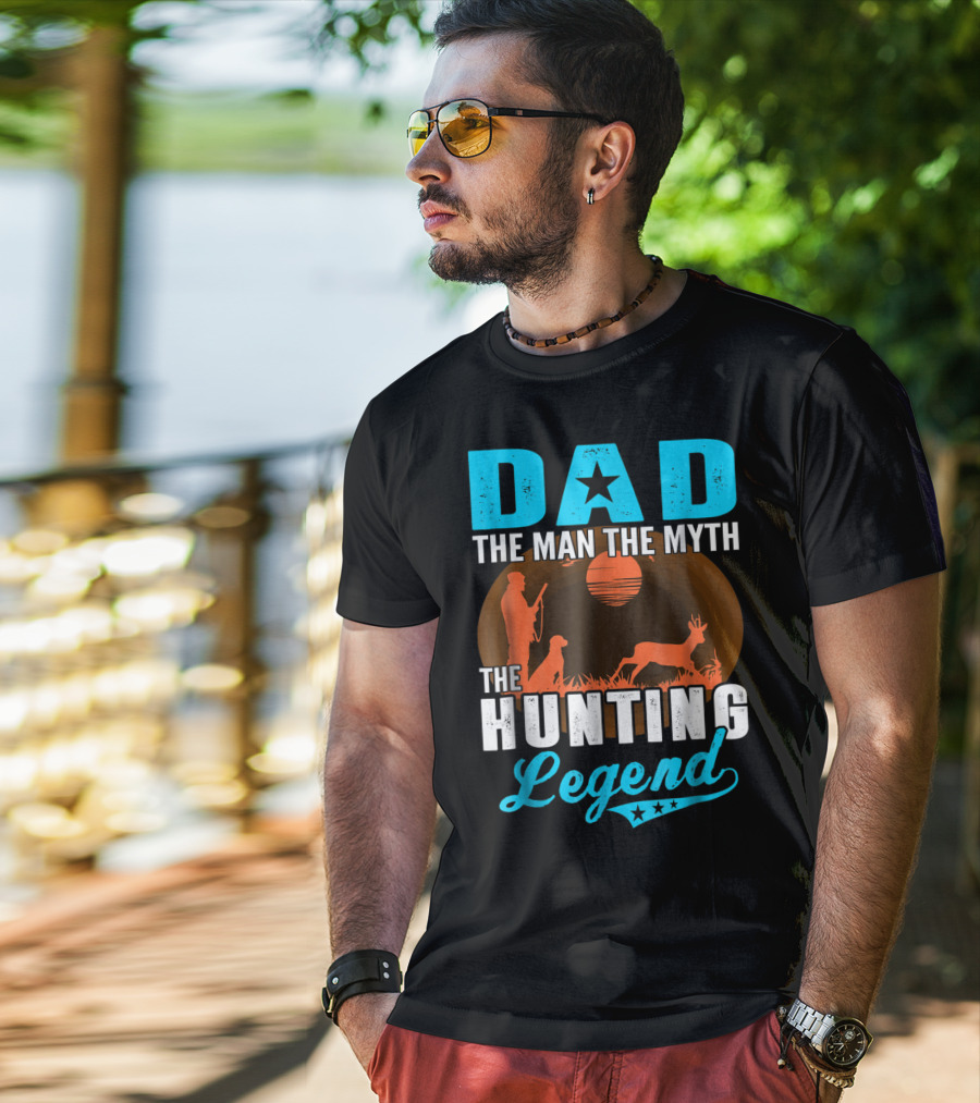 Dad The Man The Myth The Hunting Legend With Hunter Dog Deer And Sunset T-Shirt