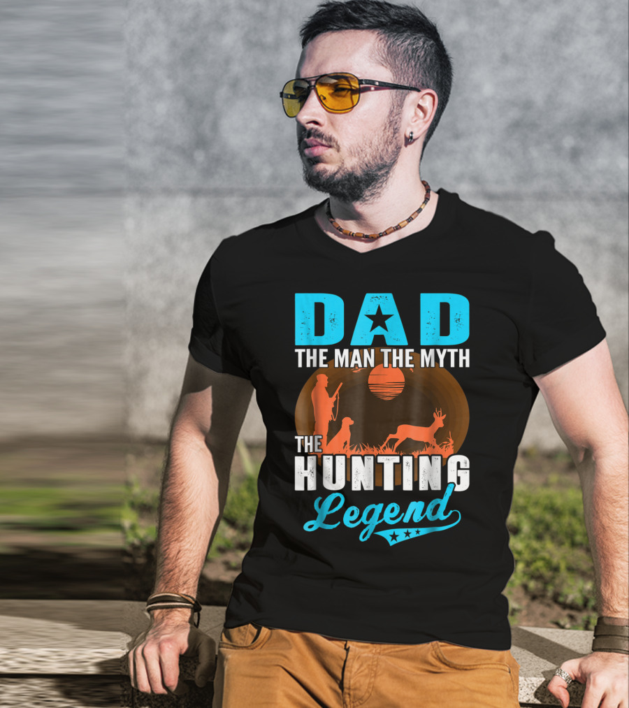 Dad The Man The Myth The Hunting Legend With Hunter Dog Deer And Sunset T-Shirt