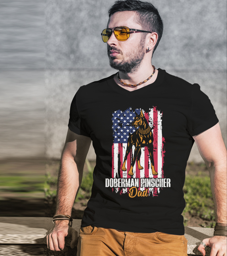 Doberman Pinscher Dad American Flag T-Shirt