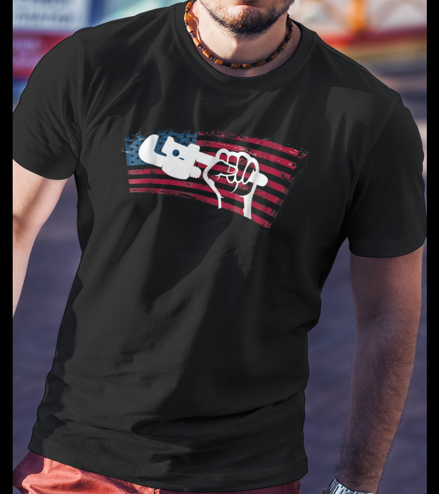 American Flag Plumber Dad Wrench Fist T-Shirt