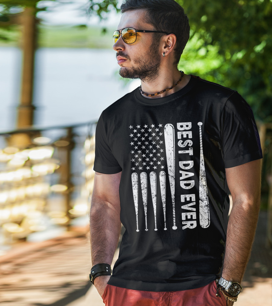 Best Dad Ever American Flag Baseball SoftballUSA T-Shirt