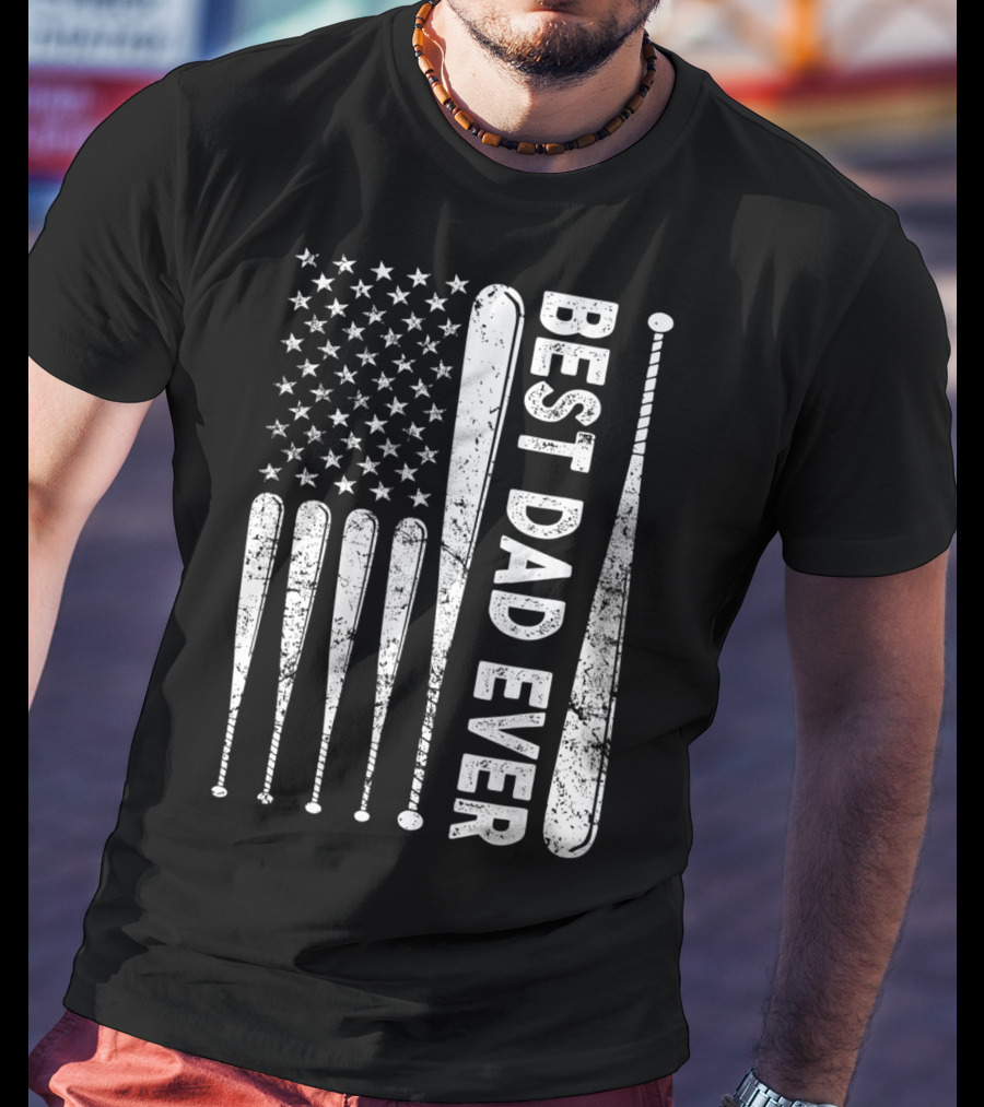 Best Dad Ever American Flag Baseball SoftballUSA T-Shirt