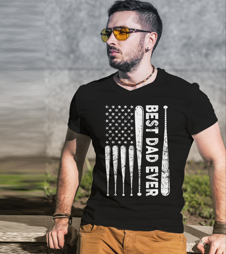 Best Dad Ever American Flag Baseball SoftballUSA T-Shirt