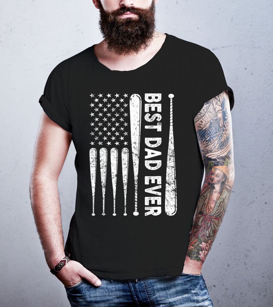 Best Dad Ever American Flag Baseball SoftballUSA T-Shirt