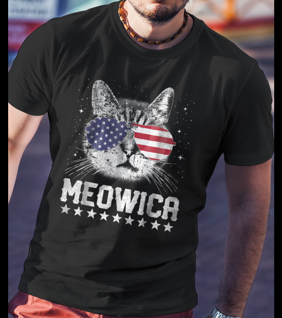 MEOWICA American Flag Cat With USA Sunglasses Stars T-Shirt