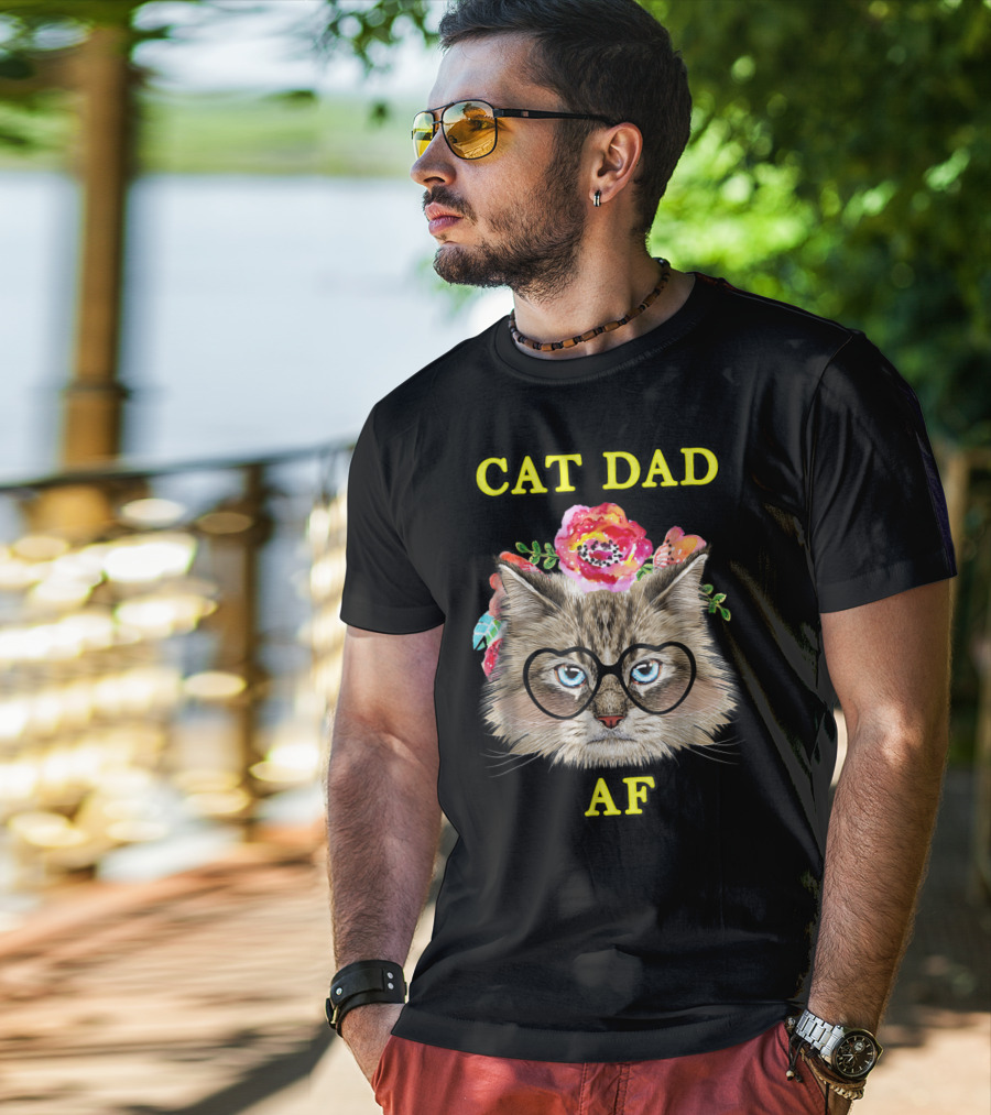 Funny Cat Dad AF With Floral Bouquet And Glasses T-Shirt