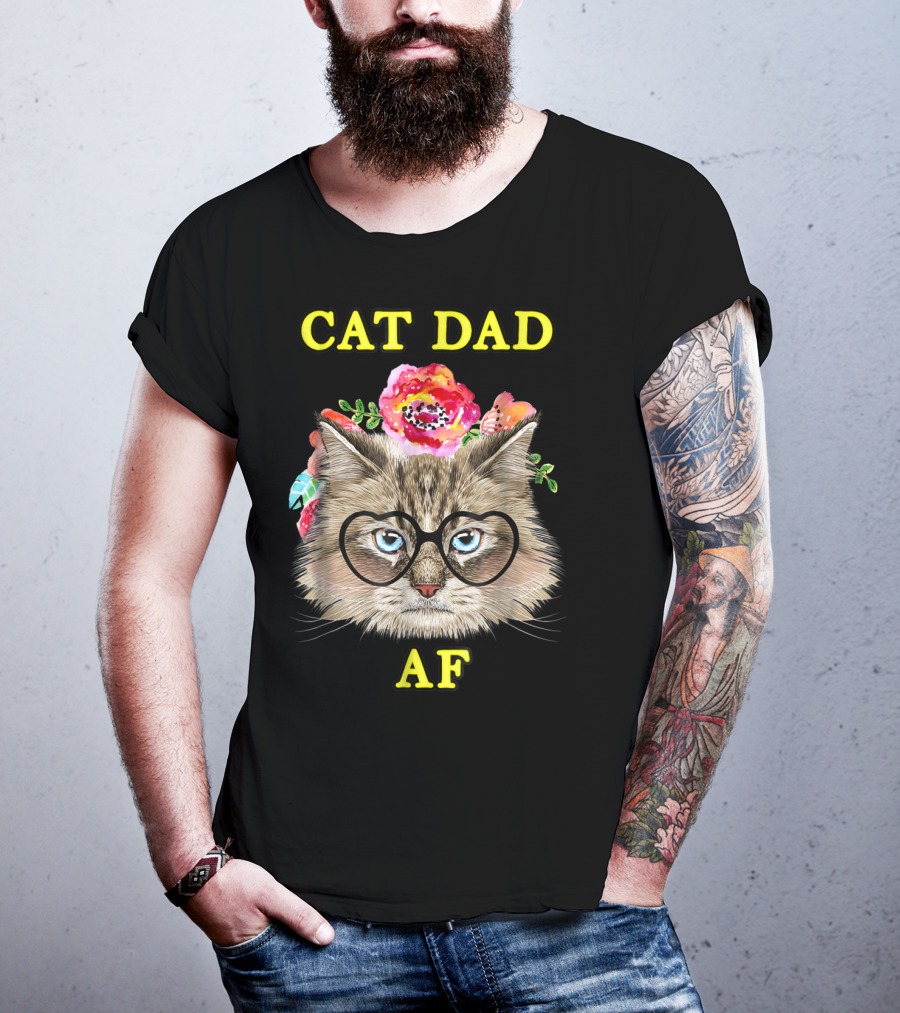 Funny Cat Dad AF With Floral Bouquet And Glasses T-Shirt
