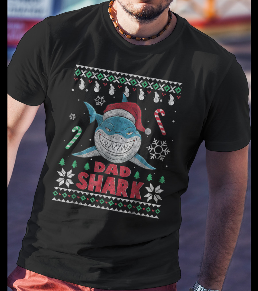 Dad Shark Ugly Christmas Sweater Santa Hat Candy Canes Snowflakes T-Shirt