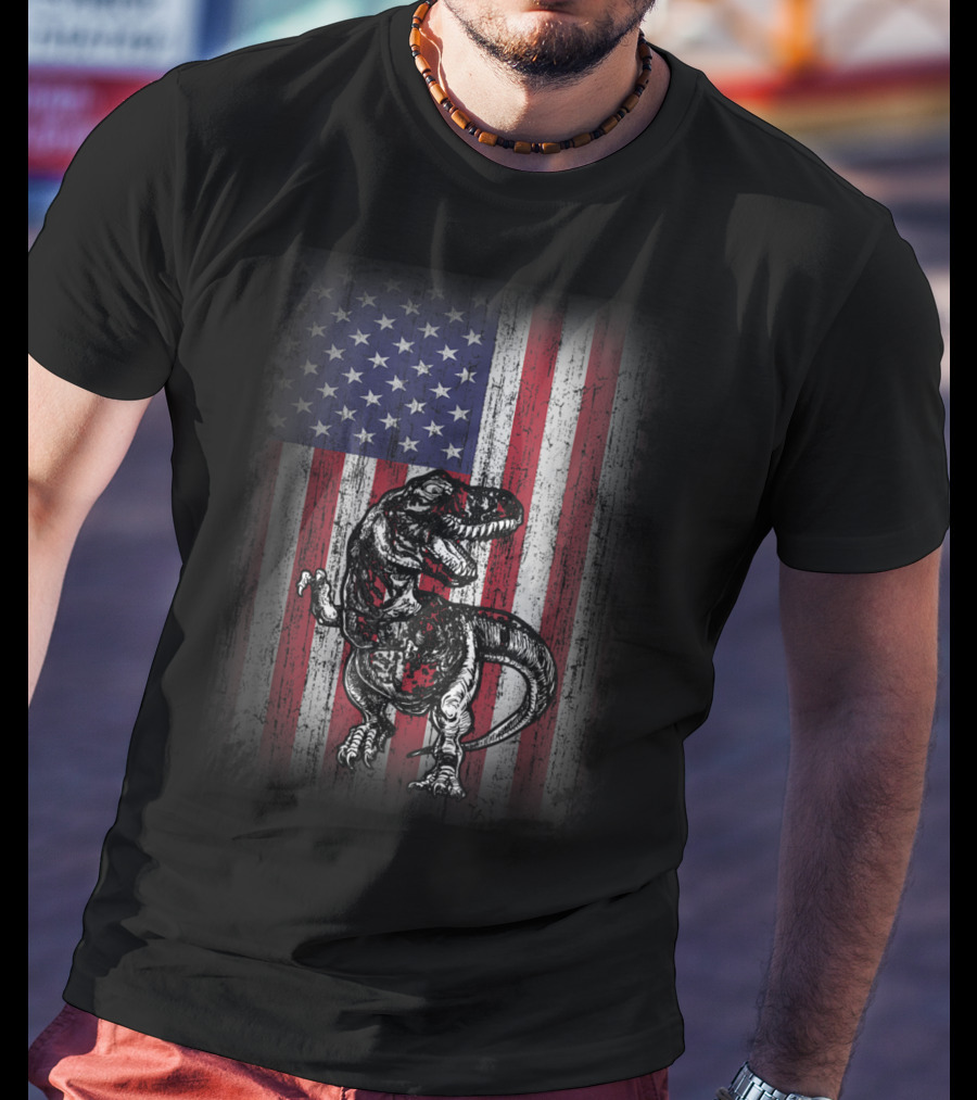 Dinosaur Rex Patriotic American Flag First Time Dad T-Shirt