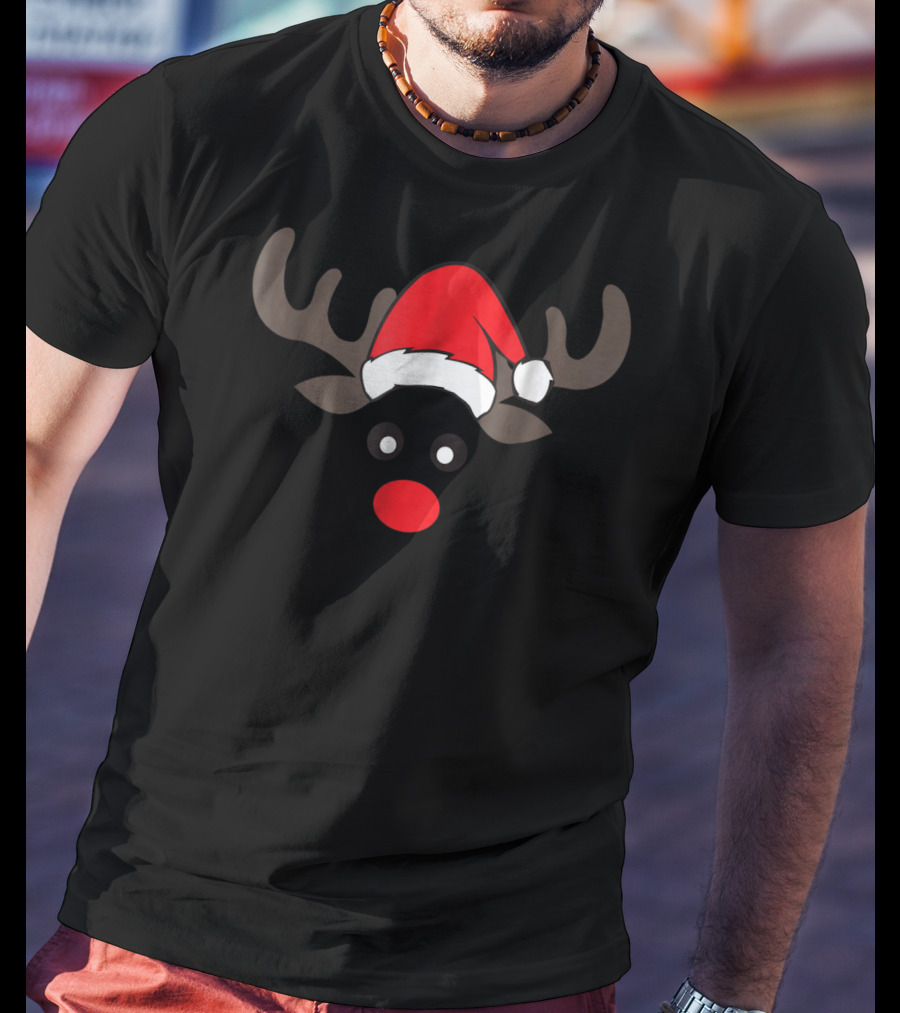 Family Christmas Card Photo Reindeer Dad Boy Men Santa Hat Red Nose T-Shirt