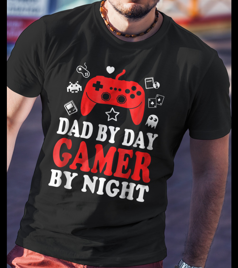 Dad By Day Gamer By Night Retro Controller And Icons T-Shirt