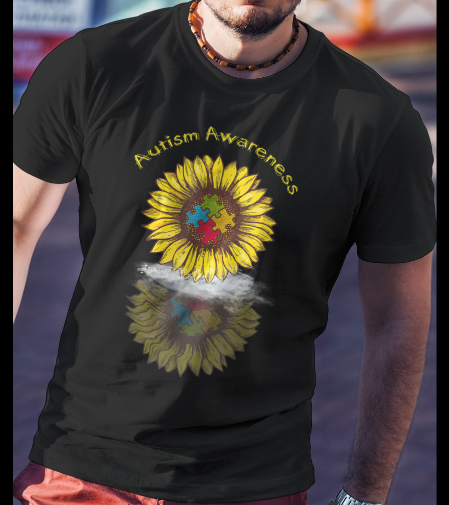 Autism Awareness Sunflower With Puzzle Piece Reflection In Water T-Shirt