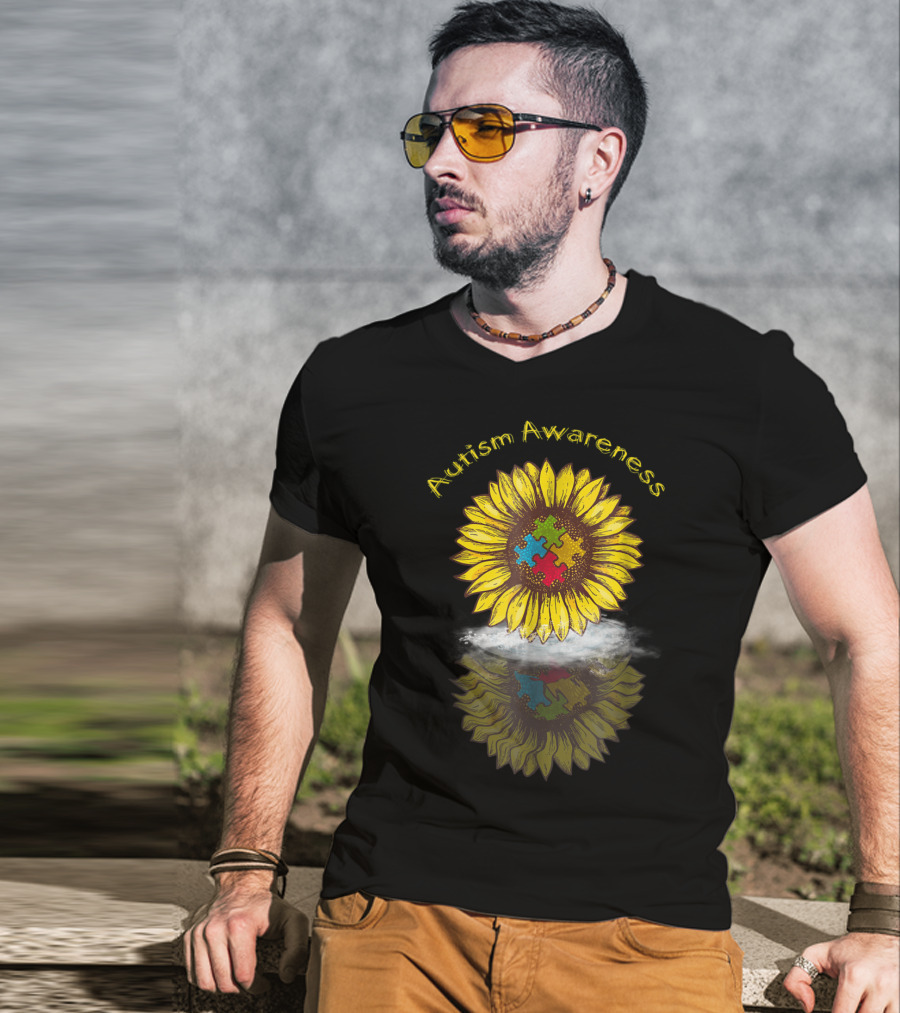 Autism Awareness Sunflower With Puzzle Piece Reflection In Water T-Shirt