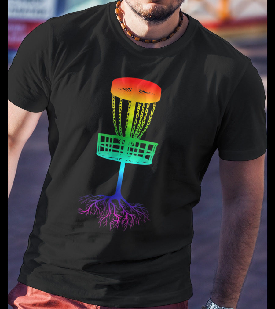 Rainbow Disc Golf Basket With Vibrant Roots T-Shirt