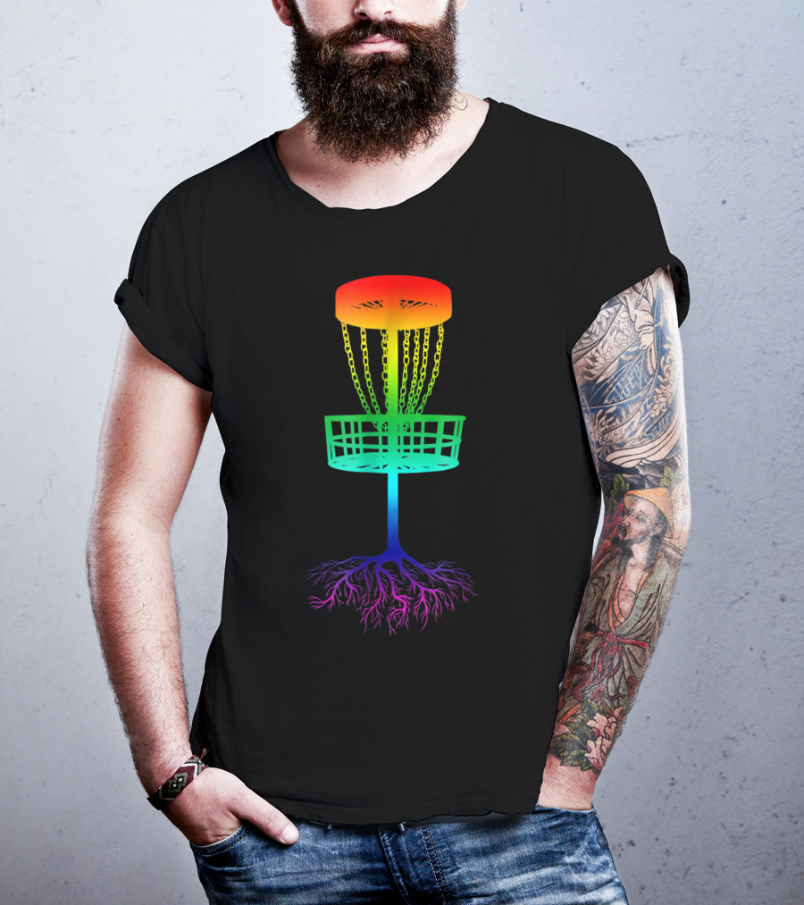 Rainbow Disc Golf Basket With Vibrant Roots T-Shirt