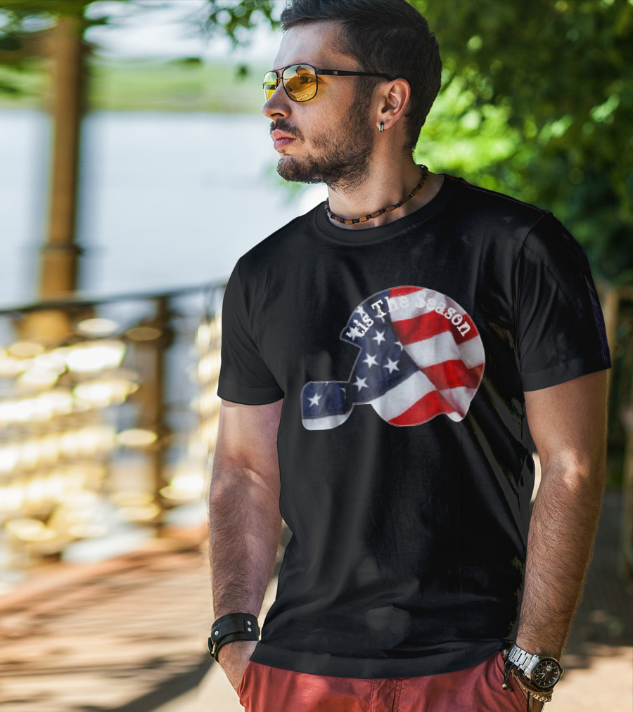Tis The Season American Football Helmet With Flag Design Sports Fan T-Shirt