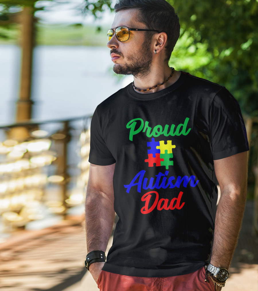 Proud Autism Dad Puzzle Piece Support T-Shirt