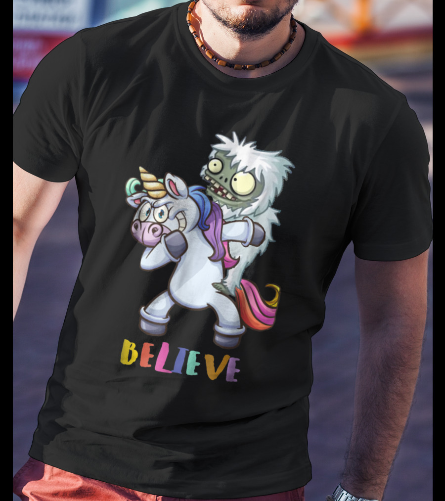 Believe Bigfoot Riding Unicorn T-Shirt