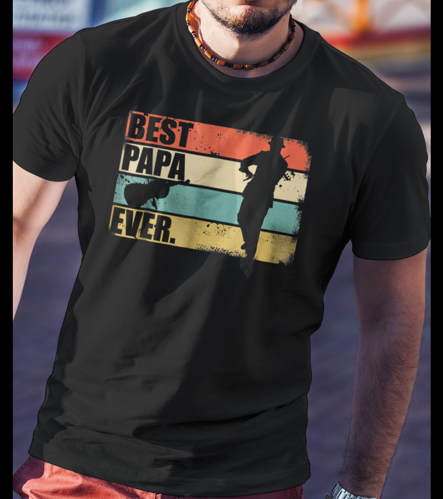 Best PAPA Ever New 39 Violinist Silhouette Vintage Stripes T-Shirt