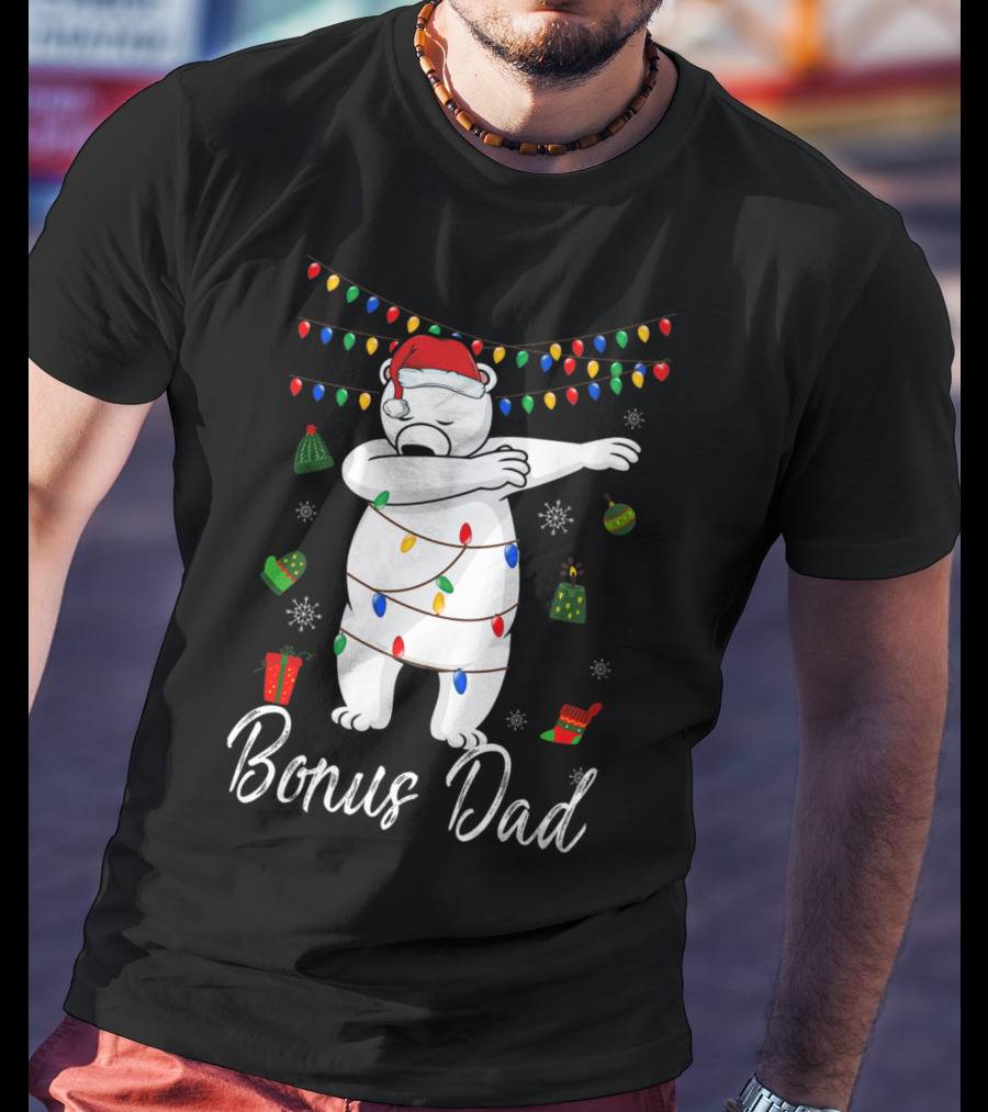 Bonus Dad Bear Christmas Lights Santa Hat Dabbing T-Shirt