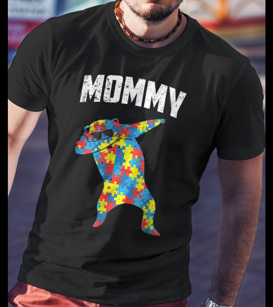 Autism Puzzle Bear Dabbing Mommy Glasses T-Shirt