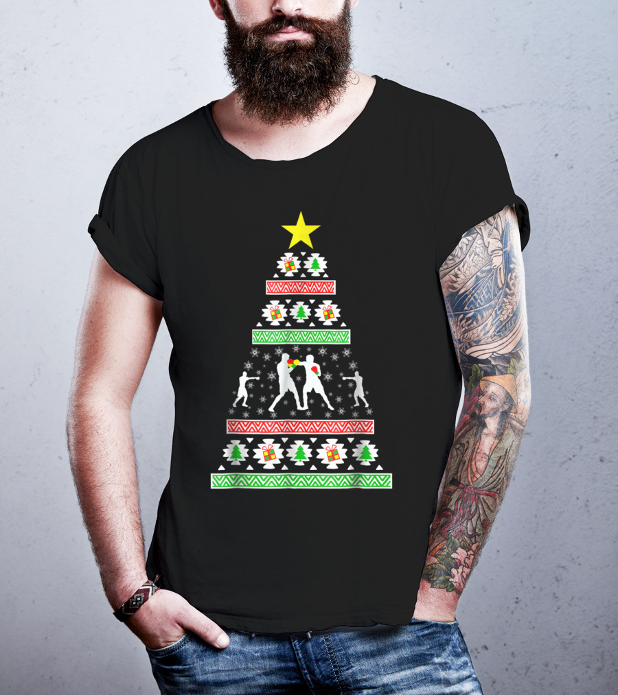 Boxing Ugly Christmas Tree With Boxer Silhouettes For Son Or Dad T-Shirt