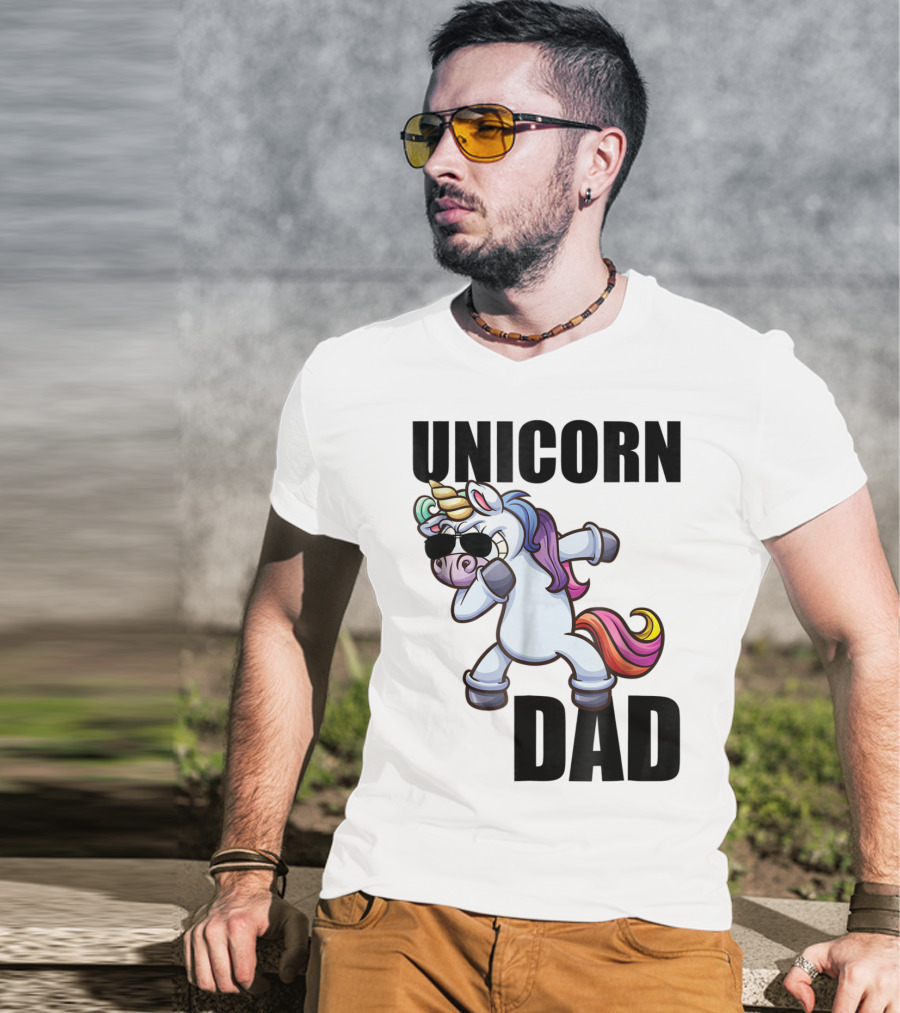 Unicorn Dad Dabbing With Sunglasses And Rainbow Mane T-Shirt