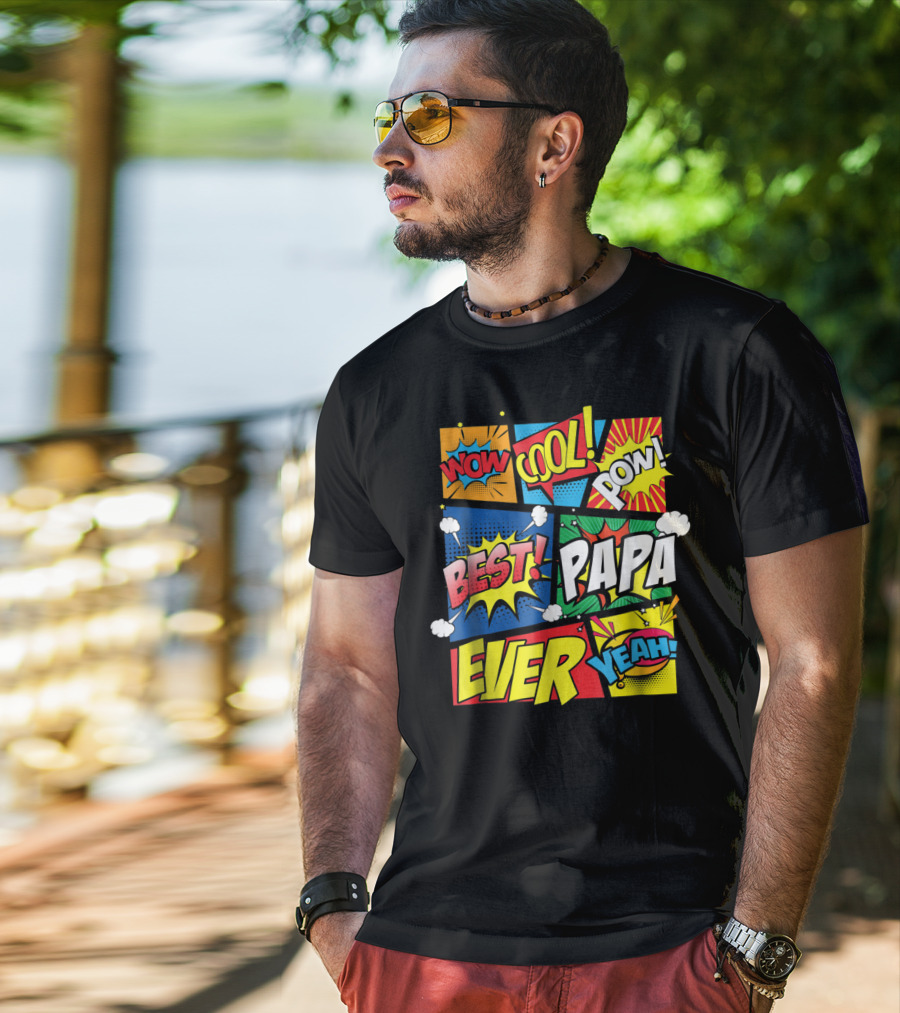 Best Papa Ever Wow Cool Pow Comic Book Family Dad King T-Shirt