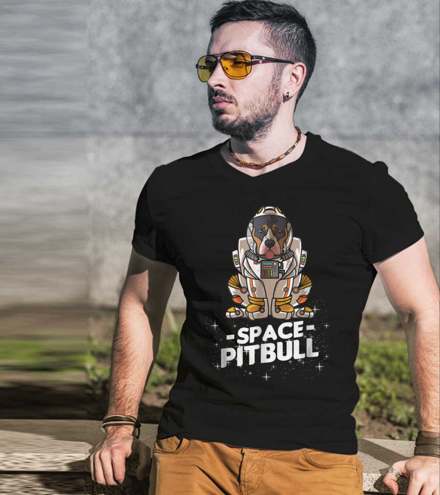 Christmas Space Pitbull In Astronaut Suit With Festive Graphics T-Shirt