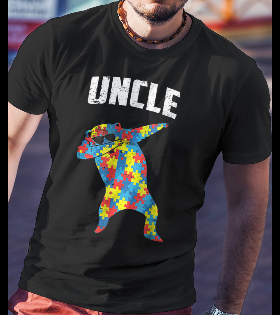 UNCLE Bear Dabbing Puzzle Glasses Autism Mom Dad T-Shirt