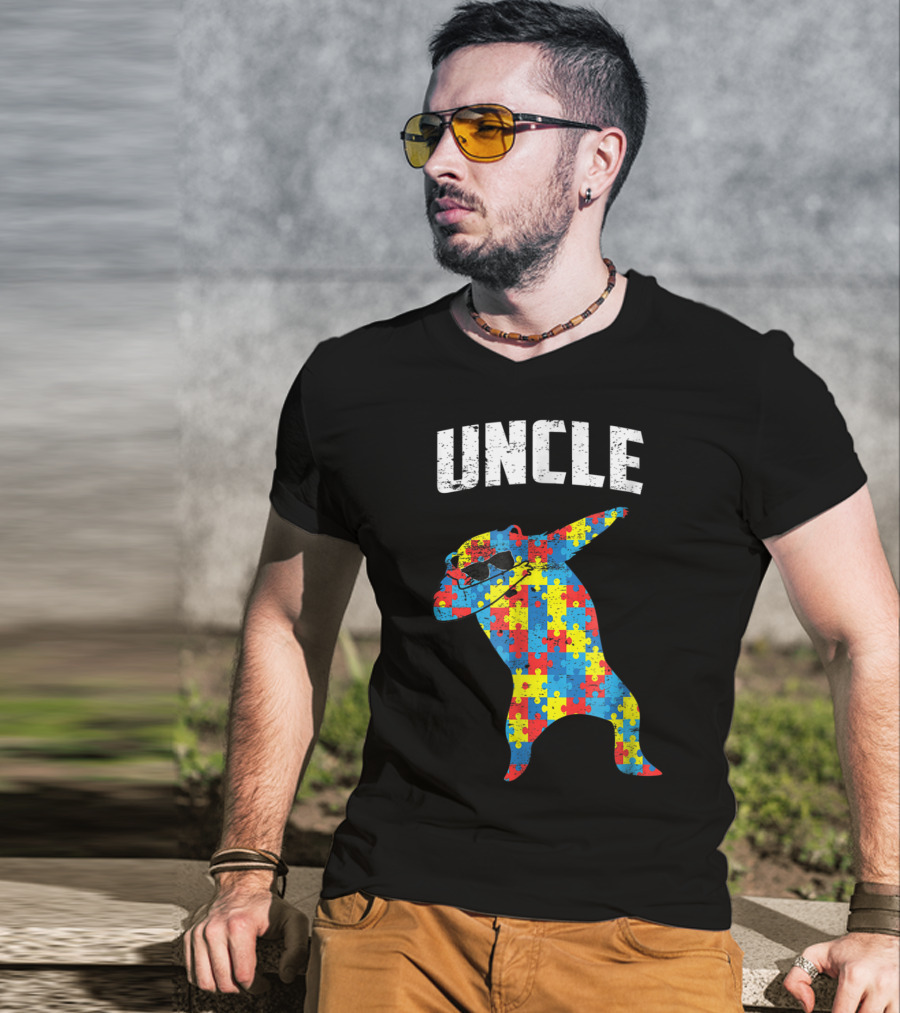 UNCLE Bear Dabbing Puzzle Glasses Autism Mom Dad T-Shirt