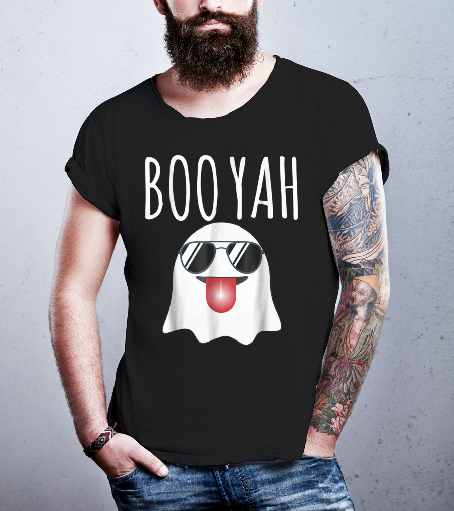 BOO YAH Funny Halloween Dad Ghost With Sunglasses And Tongue Out T-Shirt