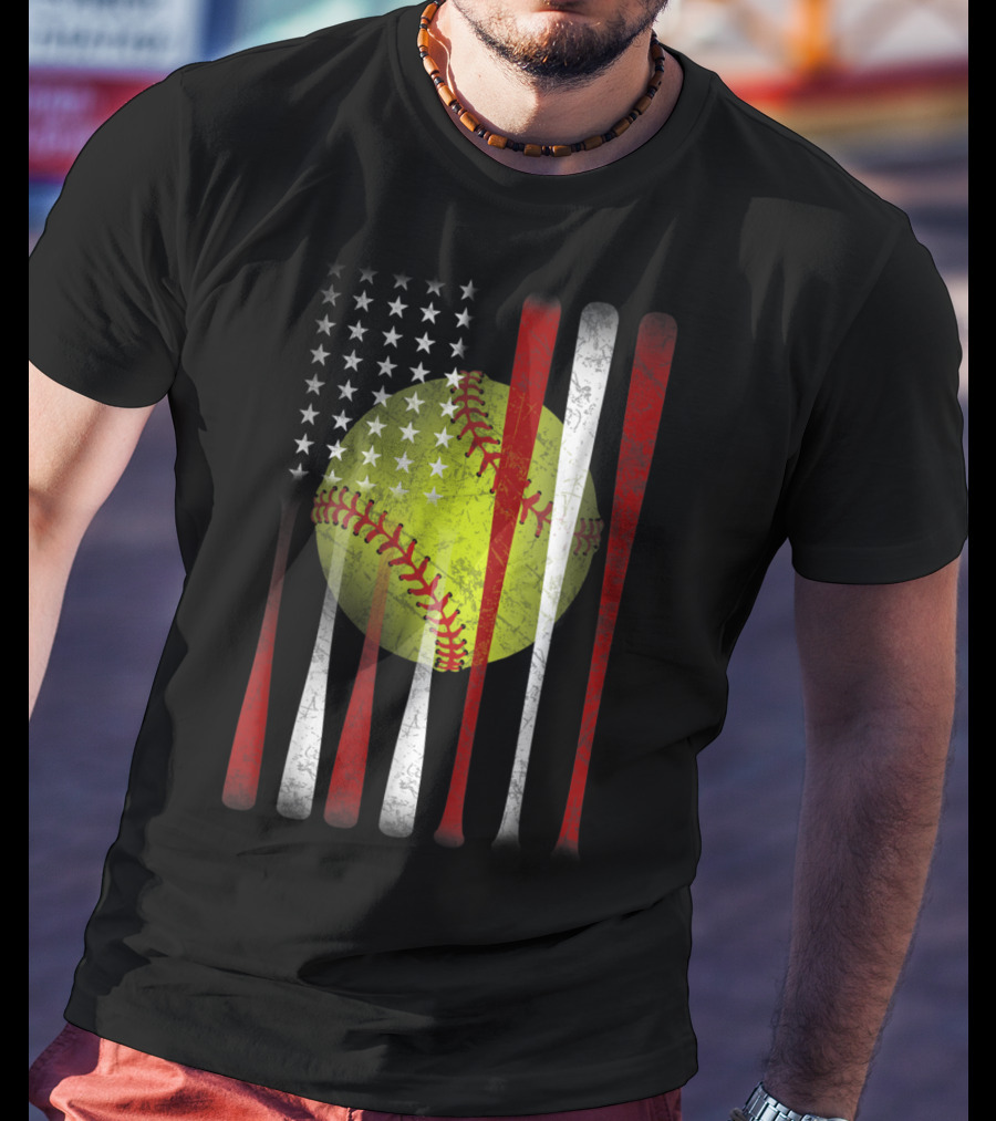 American Flag Softball Vintage Distressed US Flag Bat T-Shirt