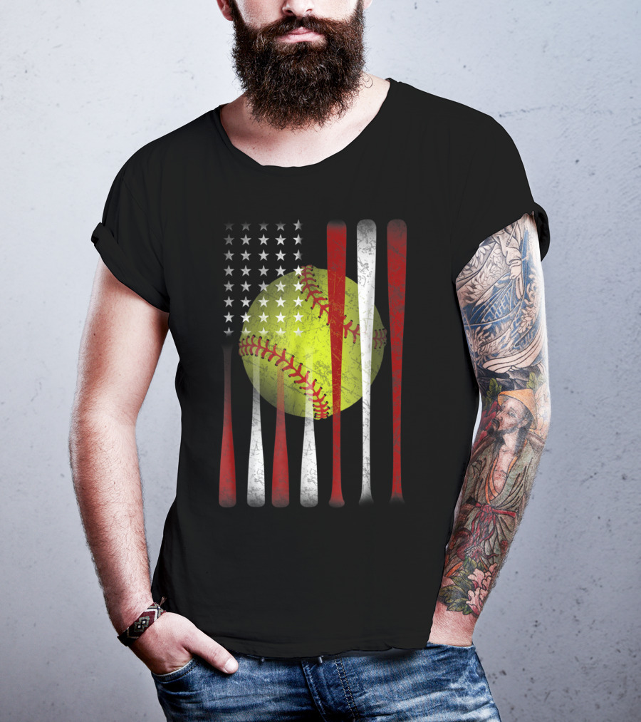 American Flag Softball Vintage Distressed US Flag Bat T-Shirt