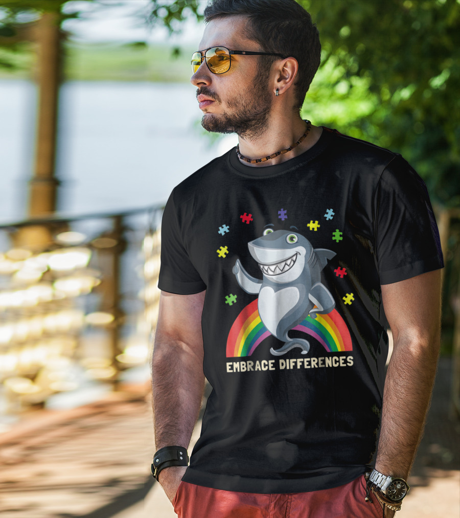 Embrace Differences Autism Awareness Kids Dad Shark Puzzle Piece Rainbow T-Shirt