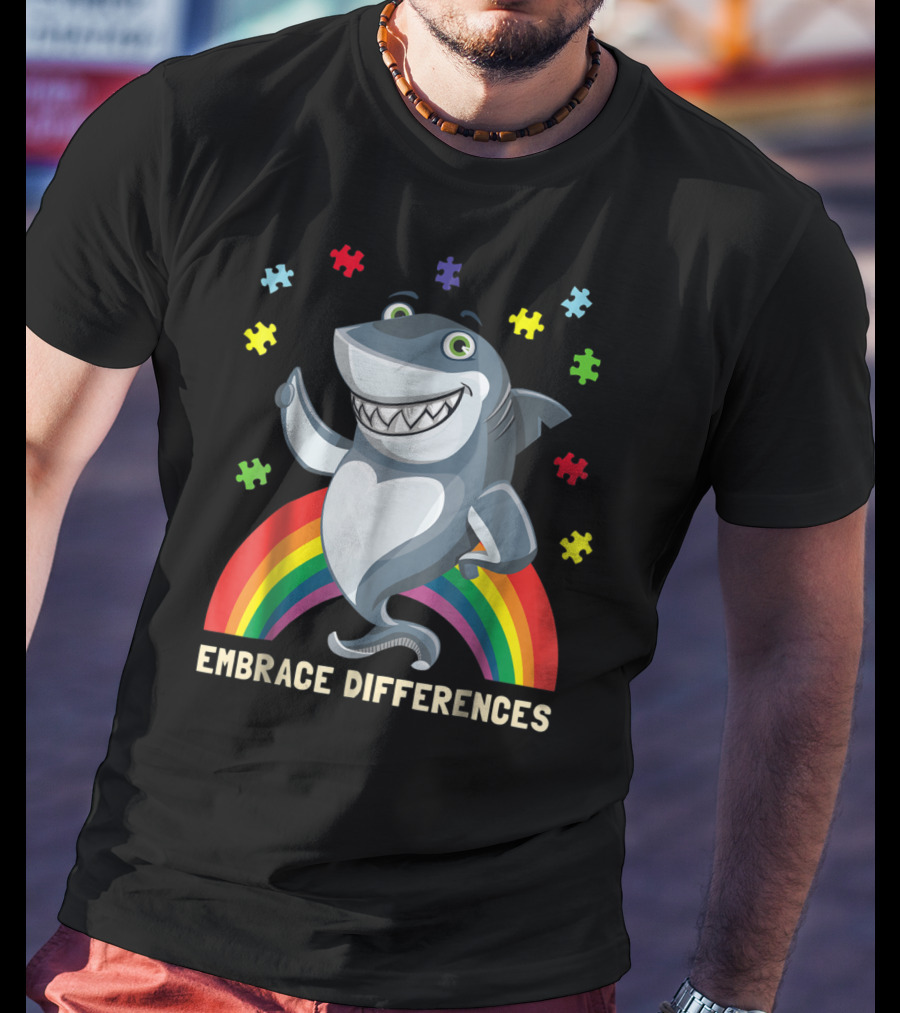 Embrace Differences Autism Awareness Kids Dad Shark Puzzle Piece Rainbow T-Shirt