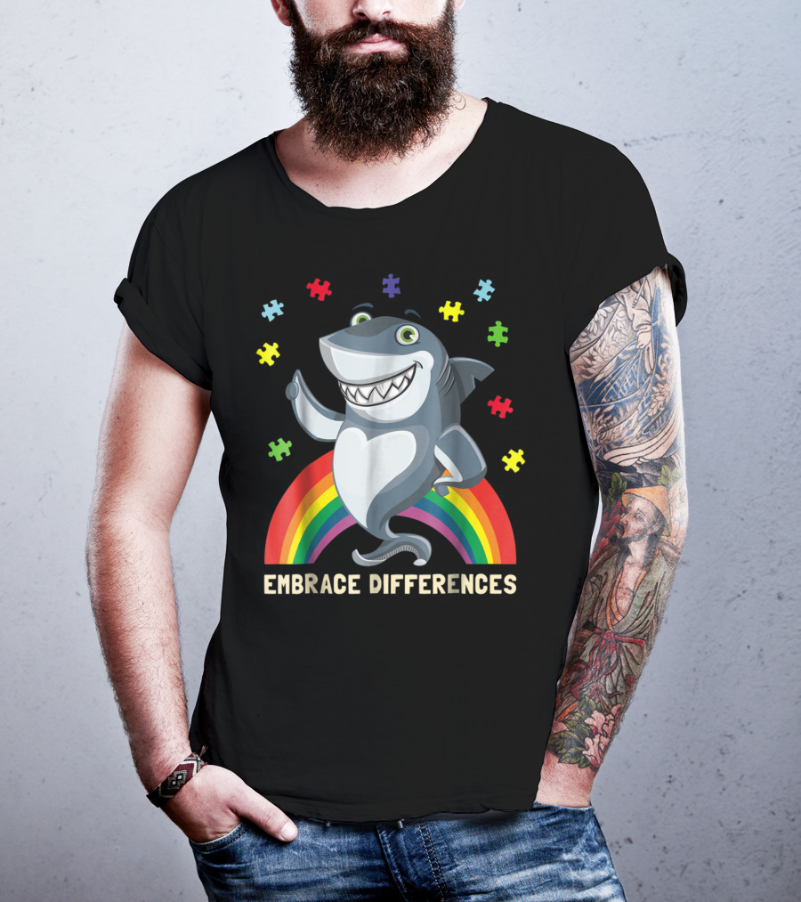 Embrace Differences Autism Awareness Kids Dad Shark Puzzle Piece Rainbow T-Shirt